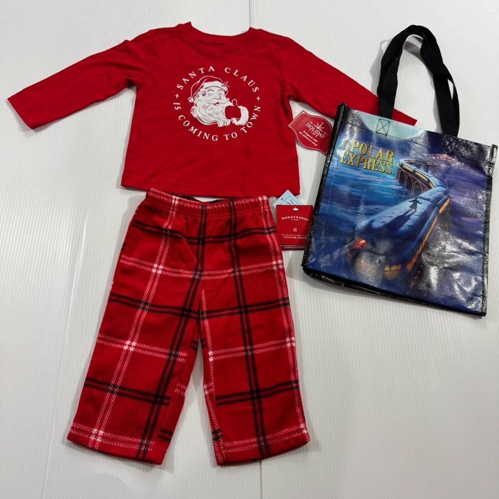 553. NWT Red Santa Claus Pajama Set with Polar Express Tote